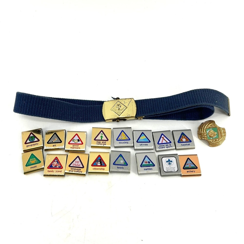 Vintage Cub Scouts BSA Blue Web Belt with 17 Academic & Sports Loops and Pin